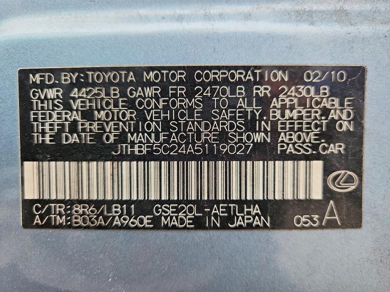 49657236 :رقم المزاد ، JTHBF5C24A5119027 vin ، 2010 Lexus Is مزاد بيع