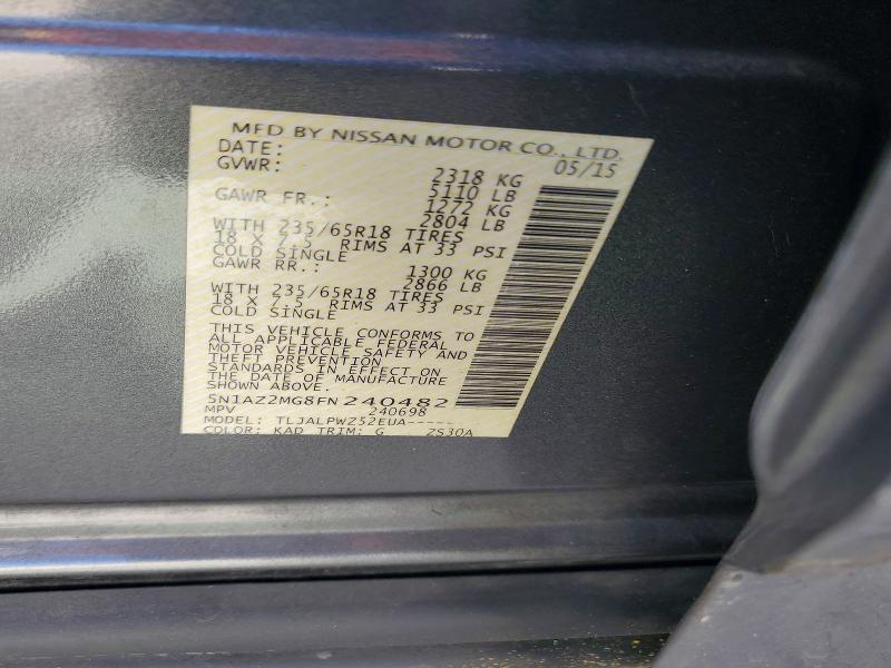 2015 Nissan Murano მანქანა იყიდება აუქციონზე, vin: 5N1AZ2MG8FN240482, აუქციონის ნომერი: 48893476