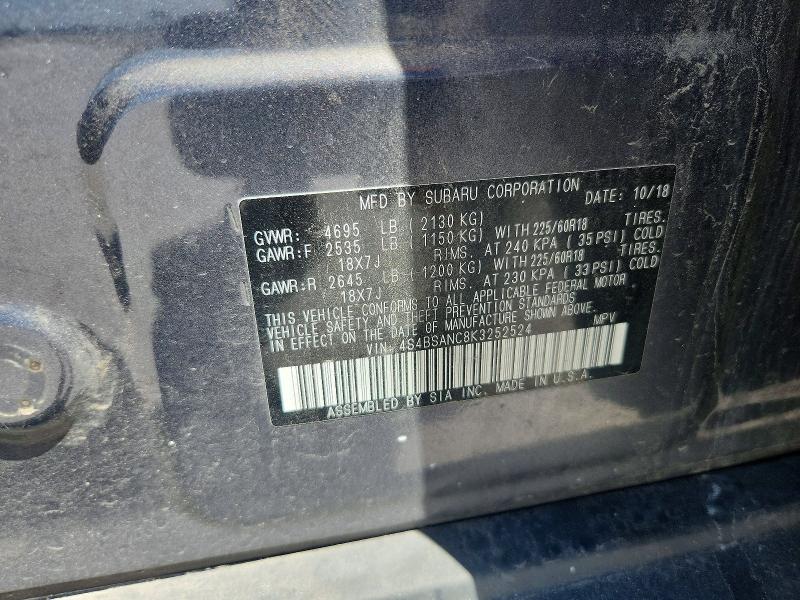 2019 Subaru Outback მანქანა იყიდება აუქციონზე, vin: 4S4BSANC8K3252524, აუქციონის ნომერი: 48288926