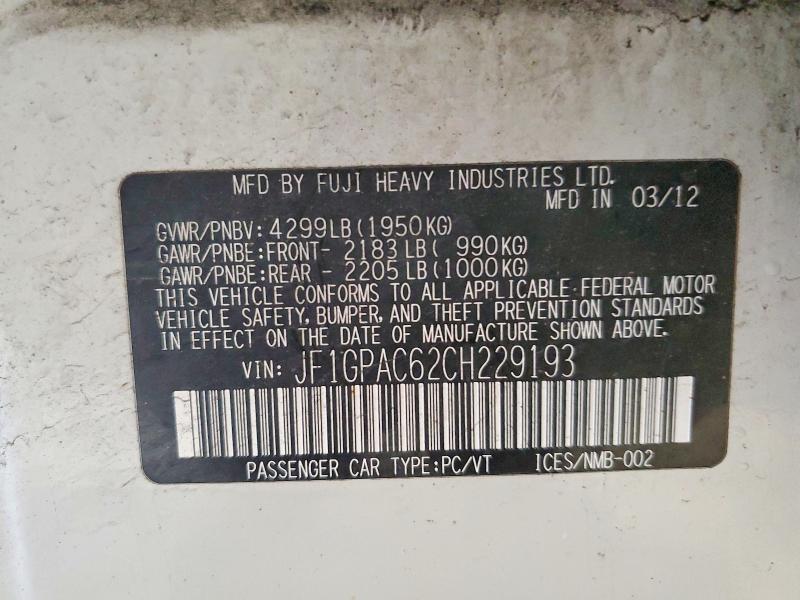 Продаж на аукціоні авто 2012 Subaru Impreza, vin: JF1GPAC62CH229193, номер лоту: 48637246