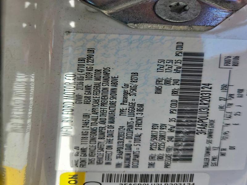 2020 Ford Fusion მანქანა იყიდება აუქციონზე, vin: 3FA6P0LU3LR203124, აუქციონის ნომერი: 50602266