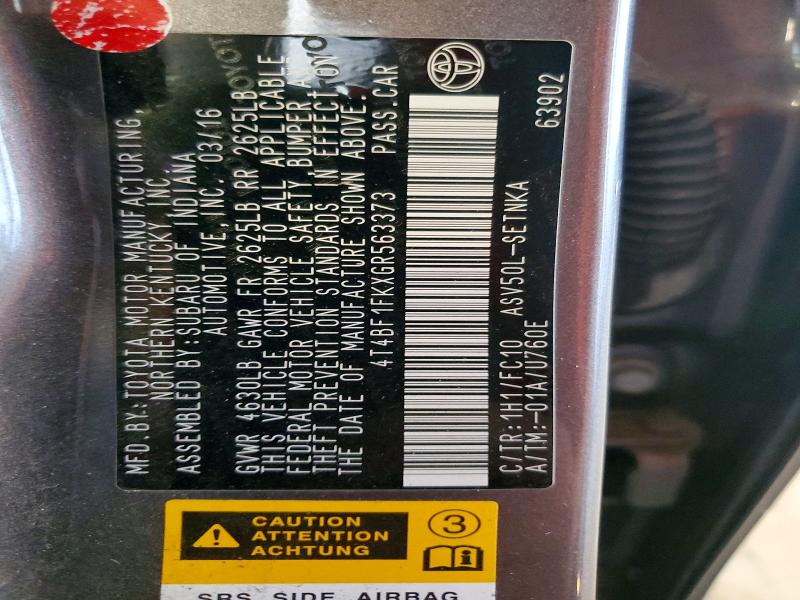 2016 Toyota Camry მანქანა იყიდება აუქციონზე, vin: 4T4BF1FKXGR563373, აუქციონის ნომერი: 51817026