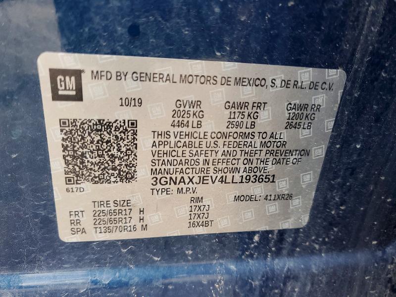 2020 Chevrolet Equinox მანქანა იყიდება აუქციონზე, vin: 3GNAXJEV4LL193651, აუქციონის ნომერი: 48157606