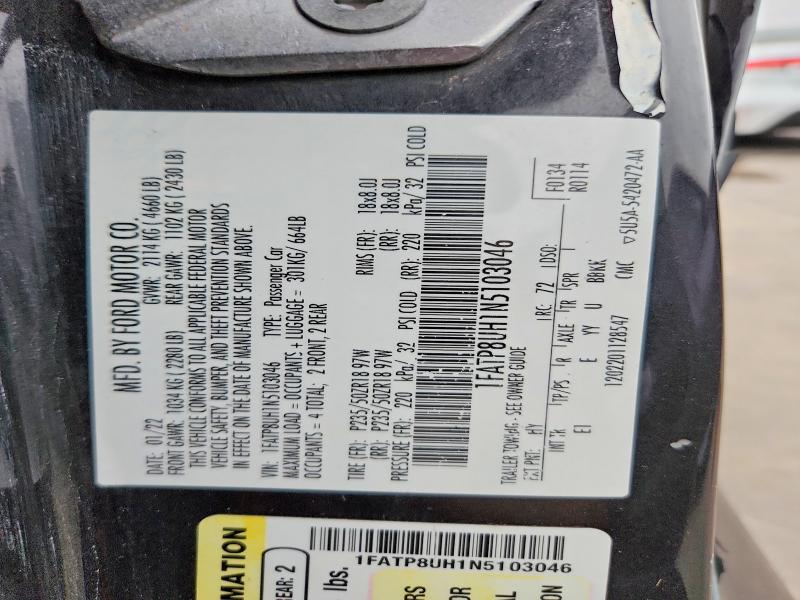 50051076 :رقم المزاد ، 1FATP8UH1N5103046 vin ، 2022 Ford Mustang مزاد بيع