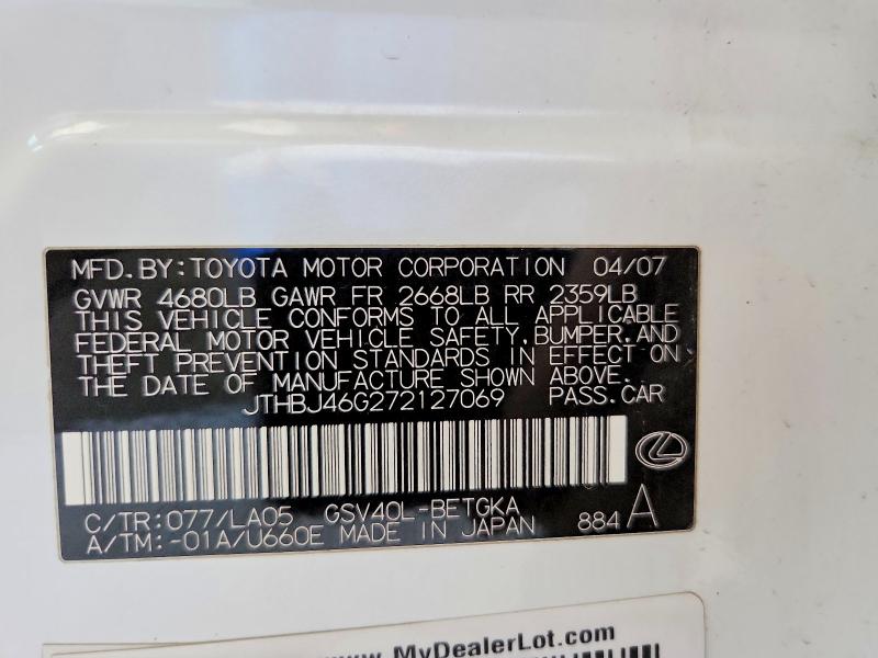 Продажа на аукционе авто 2007 Lexus Es 350, vin: JTHBJ46G272127069, номер лота: 48867196