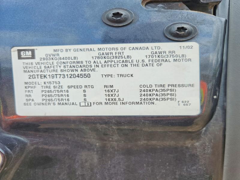 2003 Gmc New Sierra მანქანა იყიდება აუქციონზე, vin: 2GTEK19T731204550, აუქციონის ნომერი: 51360326