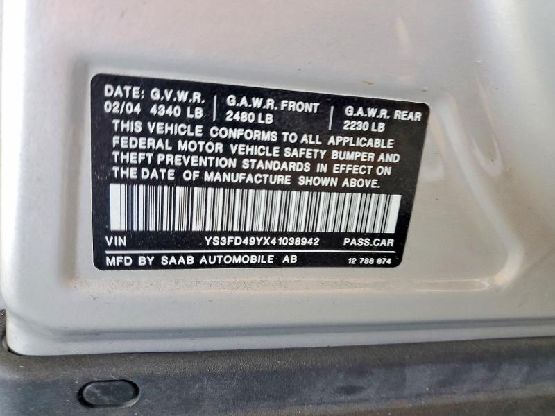 2004 Saab 9-3 მანქანა იყიდება აუქციონზე, vin: YS3FD49YX41038942, აუქციონის ნომერი: 49025336