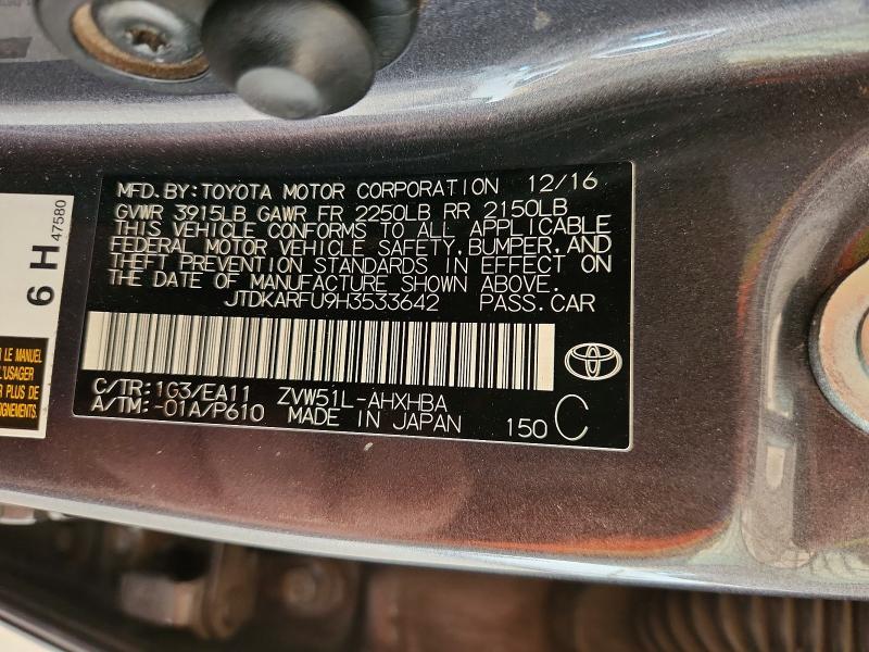 49507366 :رقم المزاد ، JTDKARFU9H3533642 vin ، 2017 Toyota Prius مزاد بيع