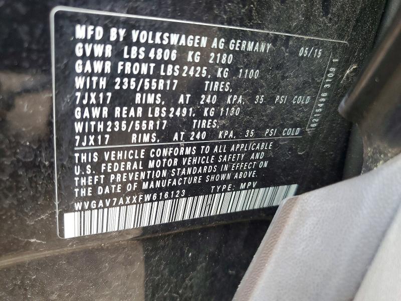48789516 :رقم المزاد ، WVGAV7AXXFW616123 vin ، 2015 Volkswagen Tiguan مزاد بيع