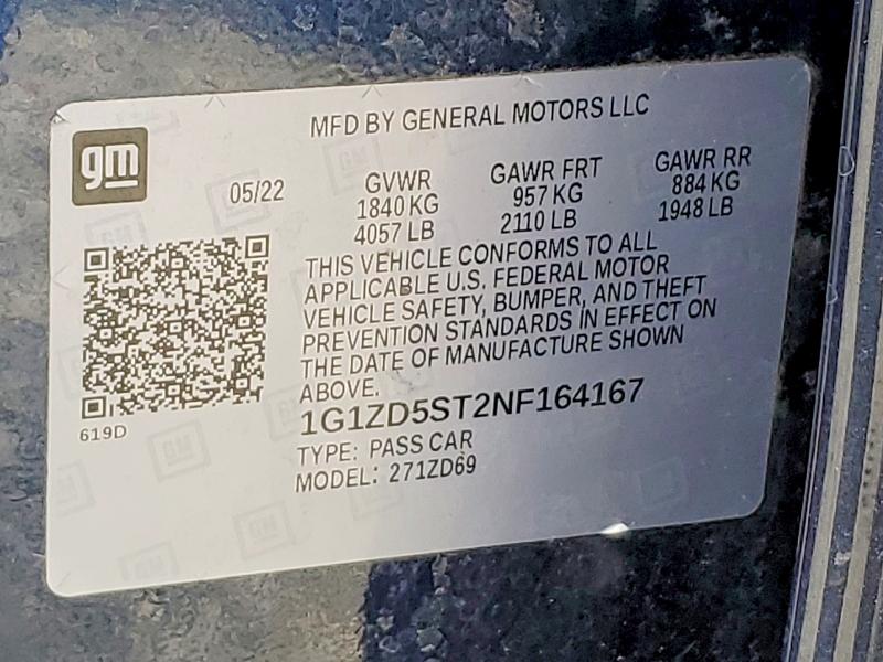 49595736 :رقم المزاد ، 1G1ZD5ST2NF164167 vin ، 2022 Chevrolet Malibu مزاد بيع