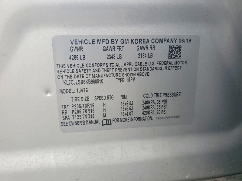2019 Chev Trax მანქანა იყიდება აუქციონზე, vin: KL7CJLSB6KB960910, აუქციონის ნომერი: 51444006