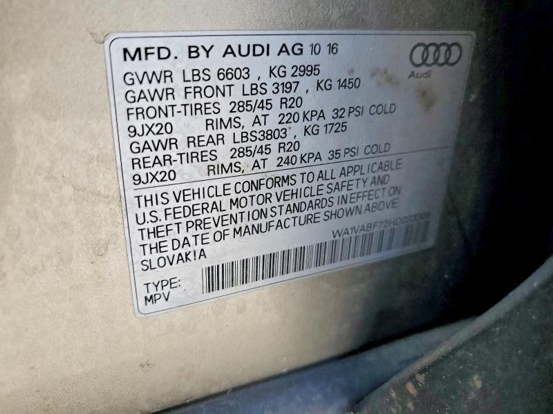 2017 Audi Q7 მანქანა იყიდება აუქციონზე, vin: WA1VABF72HD033308, აუქციონის ნომერი: 51165746