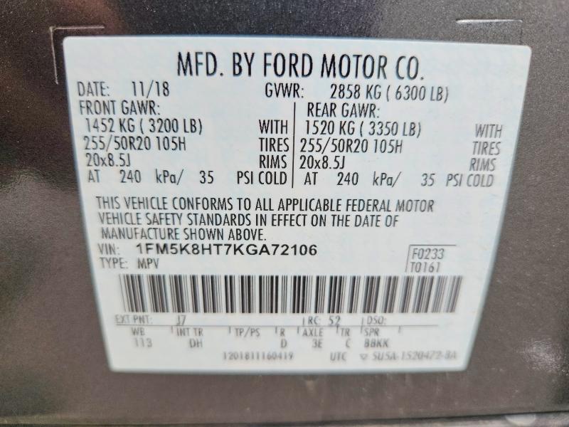 49685106 :رقم المزاد ، 1FM5K8HT7KGA72106 vin ، 2019 Ford Explorer مزاد بيع
