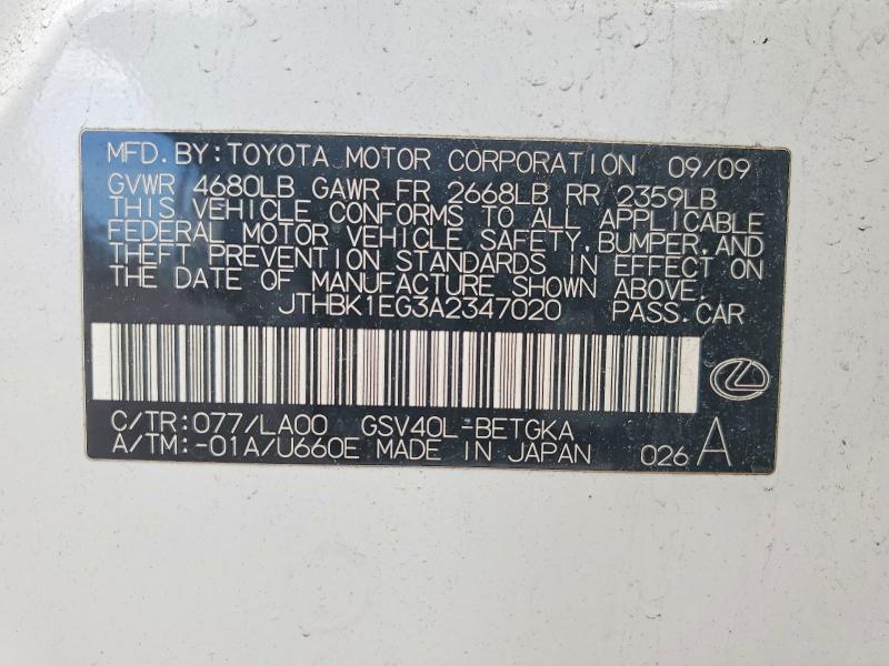 Aukcja sprzedaży 2010 Lexus Es, vin: JTHBK1EG3A2347020, numer aukcji: 50112316