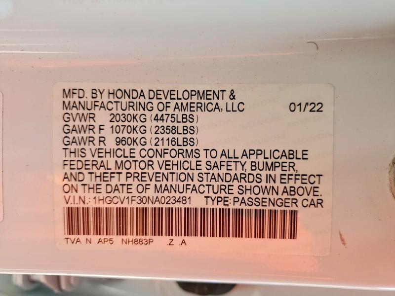 Aukcja sprzedaży 2022 Honda Accord, vin: 1HGCV1F30NA023481, numer aukcji: 51518636