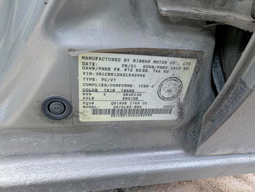 Продаж на аукціоні авто 2002 Nissan Sentra, vin: 3N1CB51D92L592996, номер лоту: 48773126