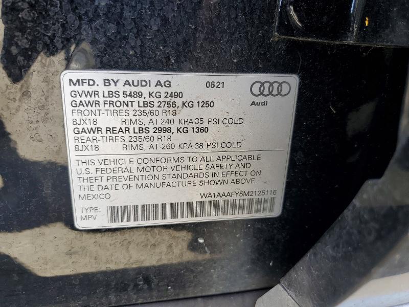 2021 Audi Q5 მანქანა იყიდება აუქციონზე, vin: WA1AAAFY5M2125116, აუქციონის ნომერი: 49727476