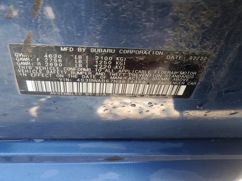 48856646 :رقم المزاد ، 4S3BWAB67N3014952 vin ، 2022 Subaru Legacy مزاد بيع