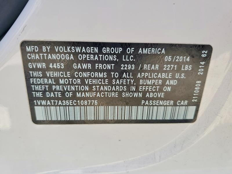 Aukcja sprzedaży 2014 Volkswagen Passat, vin: 1VWAT7A35EC108775, numer aukcji: 48395736