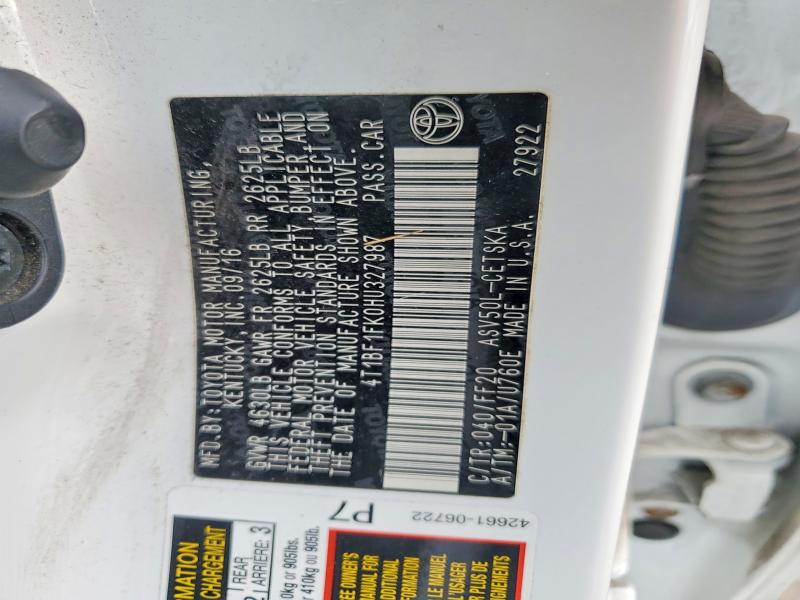 2017 Toyota Camry მანქანა იყიდება აუქციონზე, vin: 4T1BF1FK0HU327987, აუქციონის ნომერი: 48965696