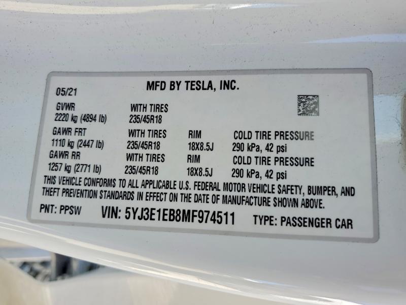 Продаж на аукціоні авто 2021 Tesla Model 3, vin: 5YJ3E1EB8MF974511, номер лоту: 48862206