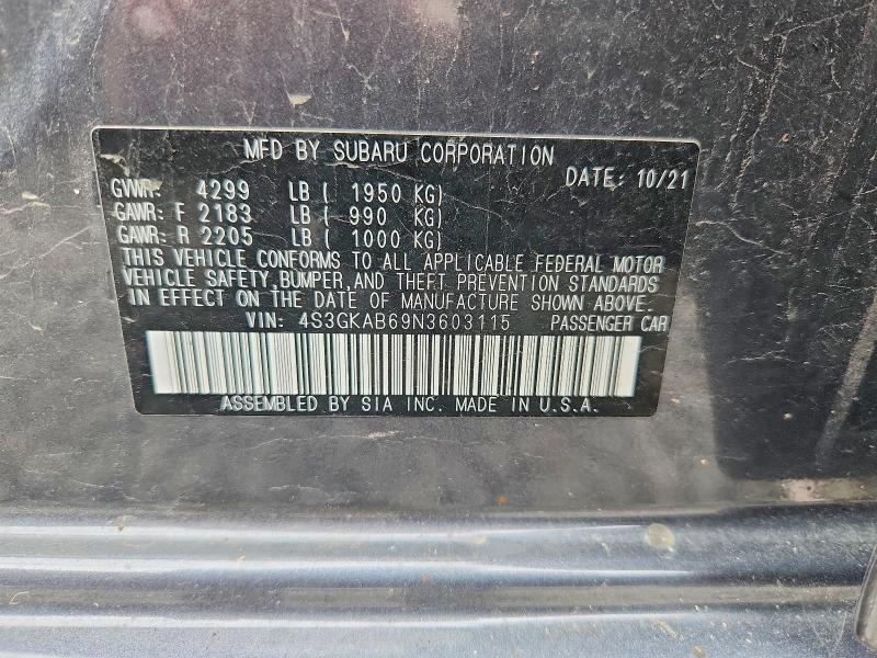 2022 Subaru Impreza მანქანა იყიდება აუქციონზე, vin: 4S3GKAB69N3603115, აუქციონის ნომერი: 51243316