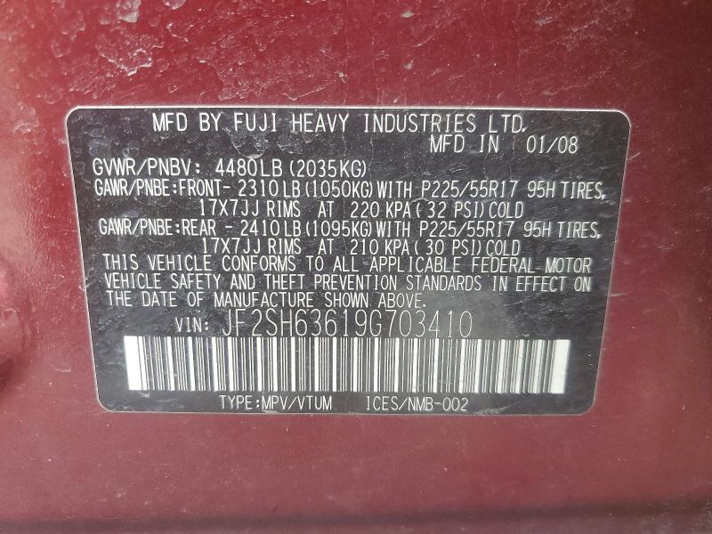50952236 :رقم المزاد ، JF2SH63619G703410 vin ، 2009 Subaru Forester مزاد بيع