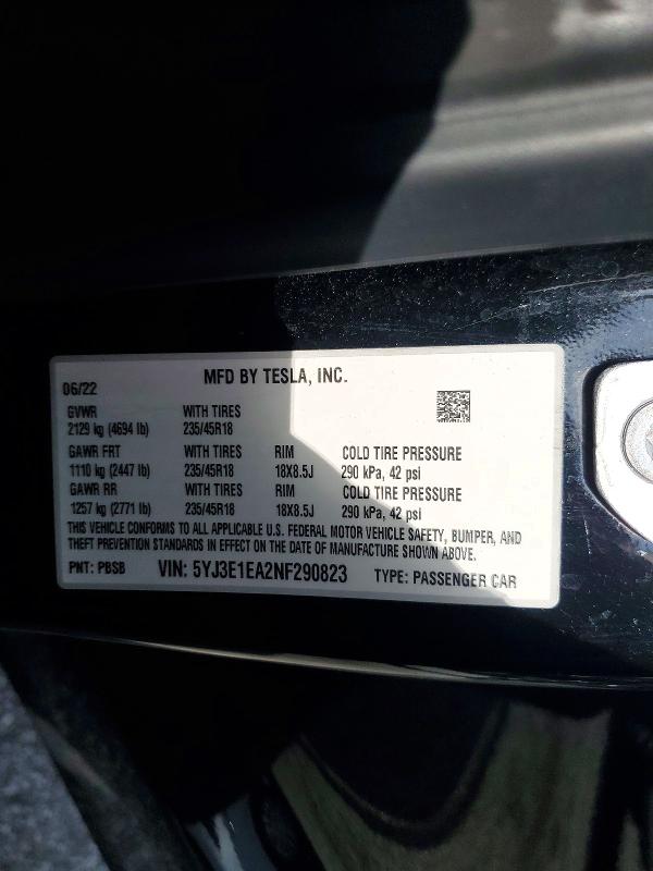 Продажа на аукционе авто 2022 Tesla Model 3, vin: 5YJ3E1EA2NF290823, номер лота: 48634586
