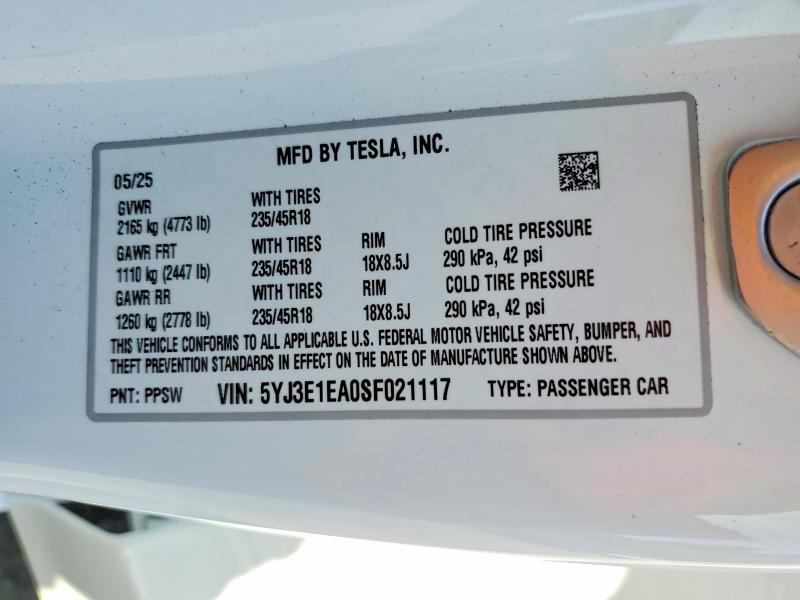 Aukcja sprzedaży 2025 Tesla Model 3, vin: 5YJ3E1EA0SF021117, numer aukcji: 49150486