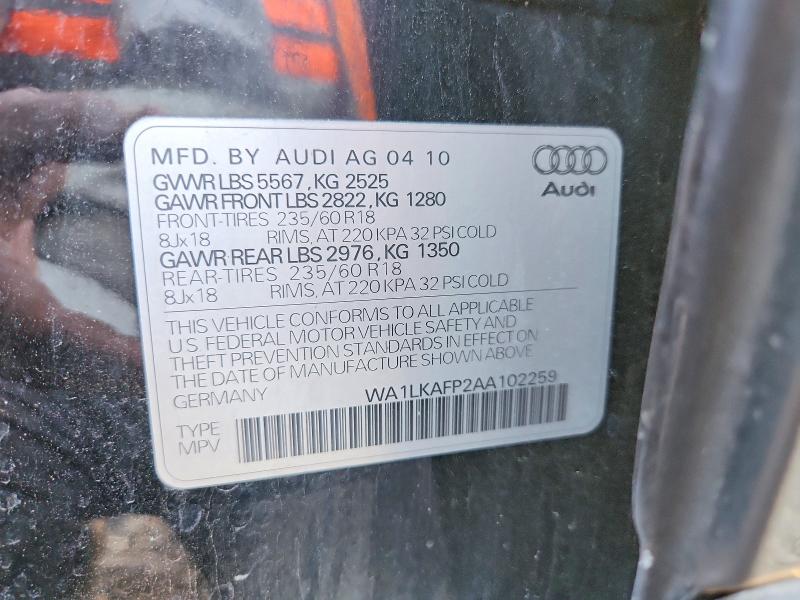 2010 Audi Q5 მანქანა იყიდება აუქციონზე, vin: WA1LKAFP2AA102259, აუქციონის ნომერი: 49829136