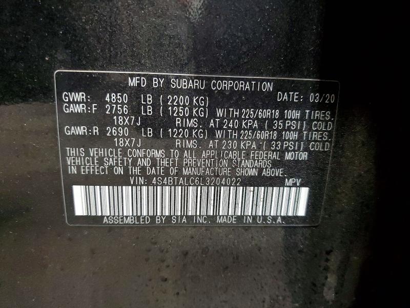 Auction sale of the 2020 Subaru Outback, vin: 4S4BTALC6L3204022, lot number: 48792646