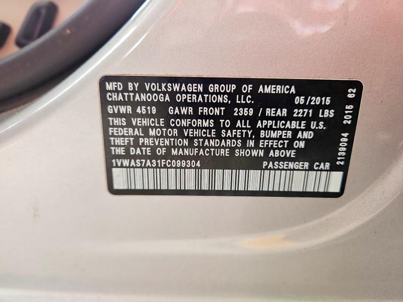 Продажа на аукционе авто 2015 Volkswagen Passat, vin: 1VWAS7A31FC099304, номер лота: 47427446