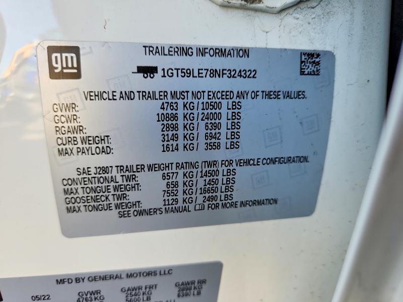 48280756 :رقم المزاد ، 1GT59LE78NF324322 vin ، 2022 Gmc Sierra مزاد بيع