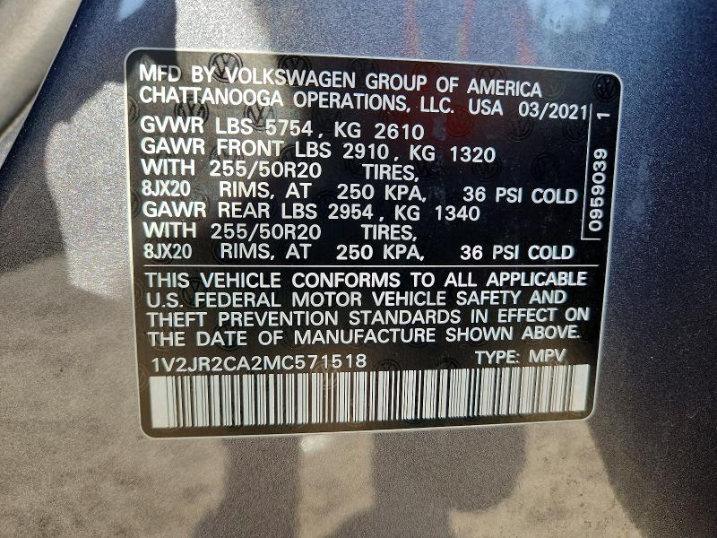 Aukcja sprzedaży 2021 Volkswagen Atlas, vin: 1V2JR2CA2MC571518, numer aukcji: 50245346