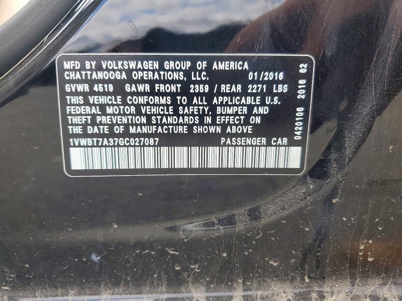 Aukcja sprzedaży 2016 Volkswagen Passat, vin: 1VWBT7A37GC027087, numer aukcji: 48275116