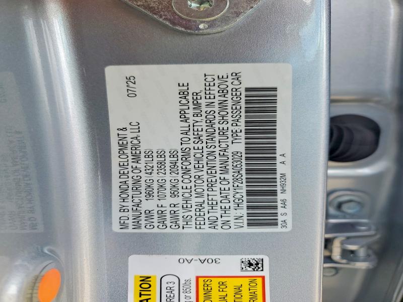2025 Honda Accord მანქანა იყიდება აუქციონზე, vin: 1HGCY1F28SA053029, აუქციონის ნომერი: 51173856