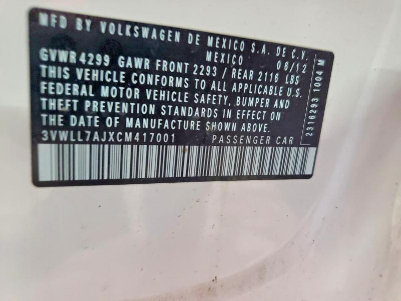 2012 Volkswagen Jetta მანქანა იყიდება აუქციონზე, vin: 3VWLL7AJXCM417001, აუქციონის ნომერი: 51616476