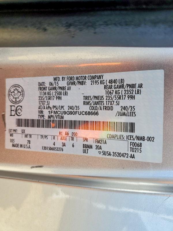Продажа на аукционе авто 2015 Ford Escape, vin: 1FMCU9G90FUC68666, номер лота: 51552646