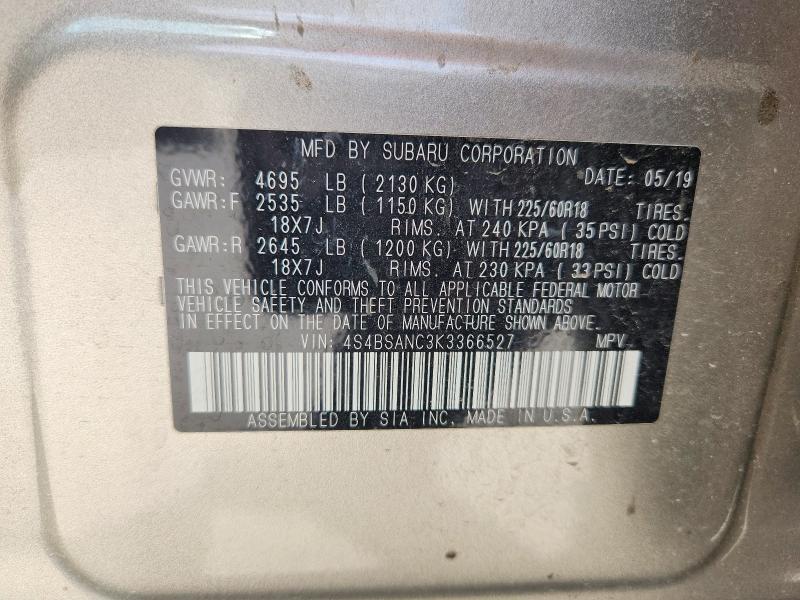 49617006 :رقم المزاد ، 4S4BSANC3K3366527 vin ، 2019 Subaru Outback مزاد بيع