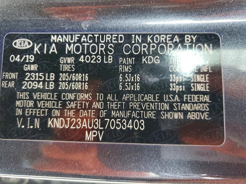 51661126 :رقم المزاد ، KNDJ23AU3L7053403 vin ، 2020 Kia Soul مزاد بيع
