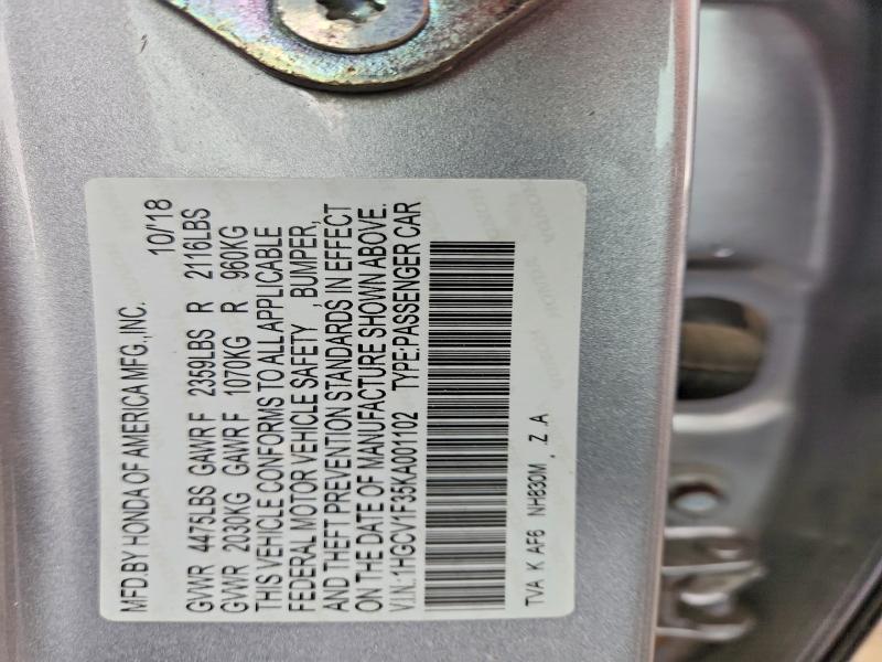 Aukcja sprzedaży 2019 Honda Accord, vin: 1HGCV1F35KA001102, numer aukcji: 50233896