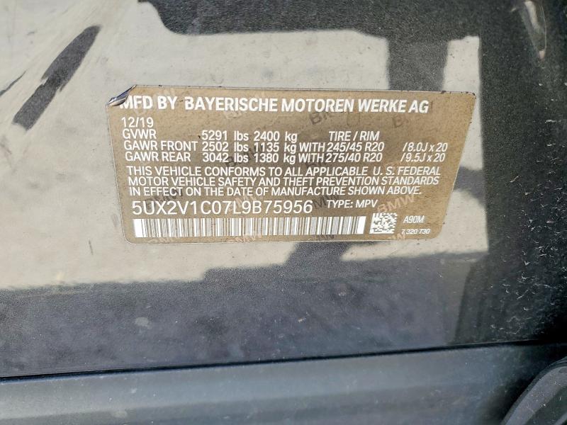 50993156 :رقم المزاد ، 5UX2V1C07L9B75956 vin ، 2020 Bmw X4 مزاد بيع