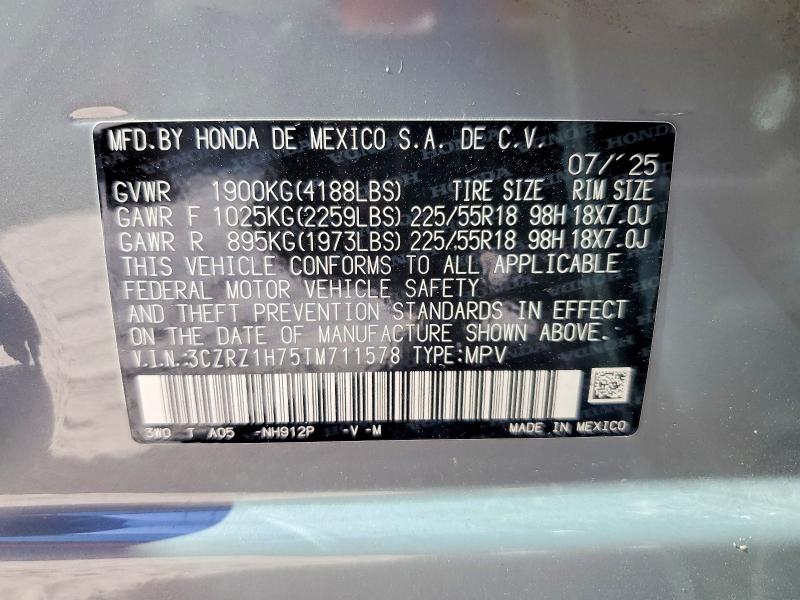 2026 Honda Hr-v მანქანა იყიდება აუქციონზე, vin: 3CZRZ1H75TM711578, აუქციონის ნომერი: 51710026