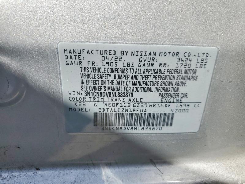 Aukcja sprzedaży 2022 Nissan Versa, vin: 3N1CN8DV8NL833870, numer aukcji: 49961426