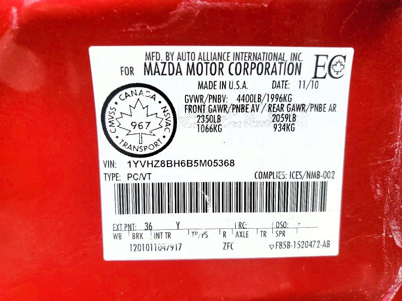 48102296 :رقم المزاد ، 1YVHZ8BH6B5M05368 vin ، 2011 Mazda 6 مزاد بيع