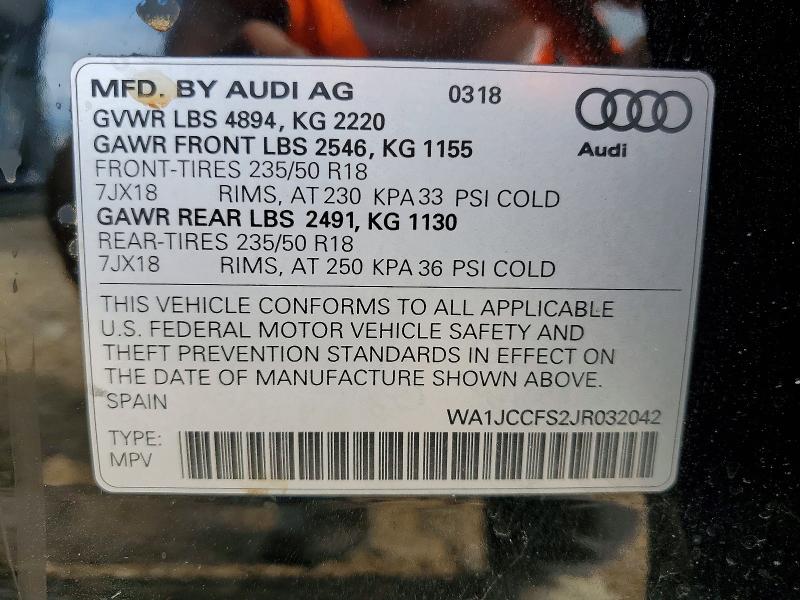 2018 Audi Q3 მანქანა იყიდება აუქციონზე, vin: WA1JCCFS2JR032042, აუქციონის ნომერი: 49419706
