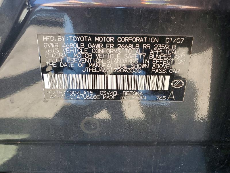Aukcja sprzedaży 2007 Lexus Es, vin: JTHBJ46G172093030, numer aukcji: 49768266