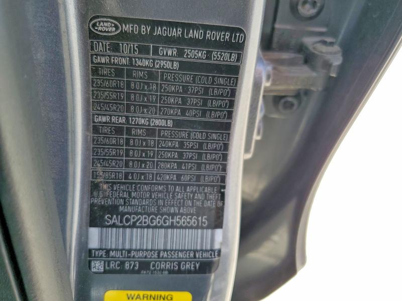 2016 Land Rover Discovery Sport მანქანა იყიდება აუქციონზე, vin: SALCP2BG6GH565615, აუქციონის ნომერი: 50725806