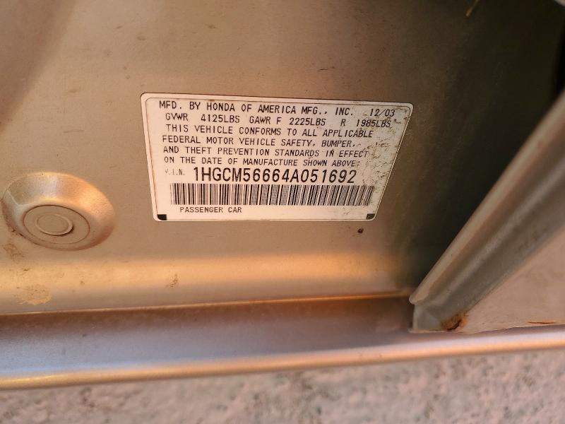 Aukcja sprzedaży 2004 Honda Accord, vin: 1HGCM56664A051692, numer aukcji: 48932256