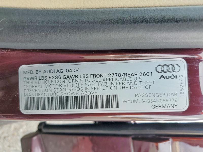 2004 Audi A6 მანქანა იყიდება აუქციონზე, vin: WAUML54B54N099776, აუქციონის ნომერი: 48425346